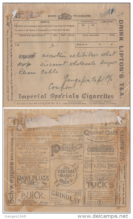 India  Imperial Cigarettes  Canvas Shoes  Lipton Tea  Ginger Ale  Telegram Form  Telegrapho # 49617 - Tobacco