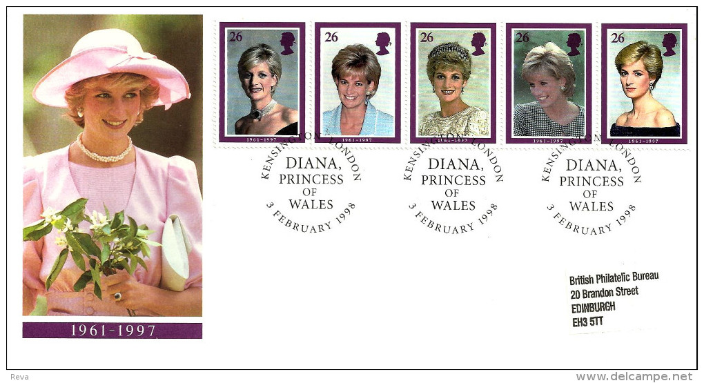 UNITED KINGDOM COVER PRINCES DIANA SET OF 5 X 26 P STAMPS POSTMARKED 03-02-1998 LONDON READ DESCRIPTION!! - Covers & Documents