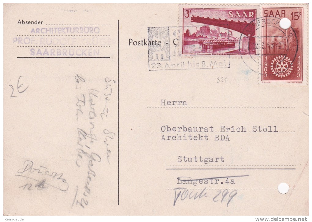 SARRE - 1955 -  CARTE POSTALE De SAARBRÜCKEN à STUTTGART - Briefe U. Dokumente
