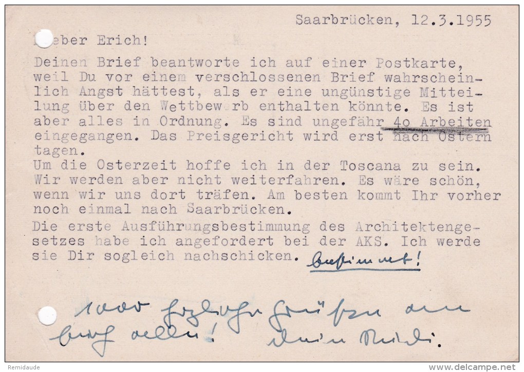 SARRE - 1955 -  CARTE POSTALE De SAARBRÜCKEN à STUTTGART - Brieven En Documenten