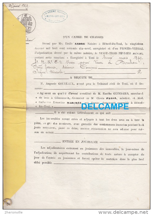 Acte Notarié De 1850 - BLENOD Les TOUL - Acquet Sur C. PAGEL , Sabotier - GUINDARD Marchand à GIBAUMEIX - Historical Documents