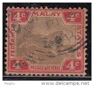 Federated Malay States Used 1904, 4c  Wmk Multi Crown CA, Tiger, Malaysia, Malaya - Federated Malay States