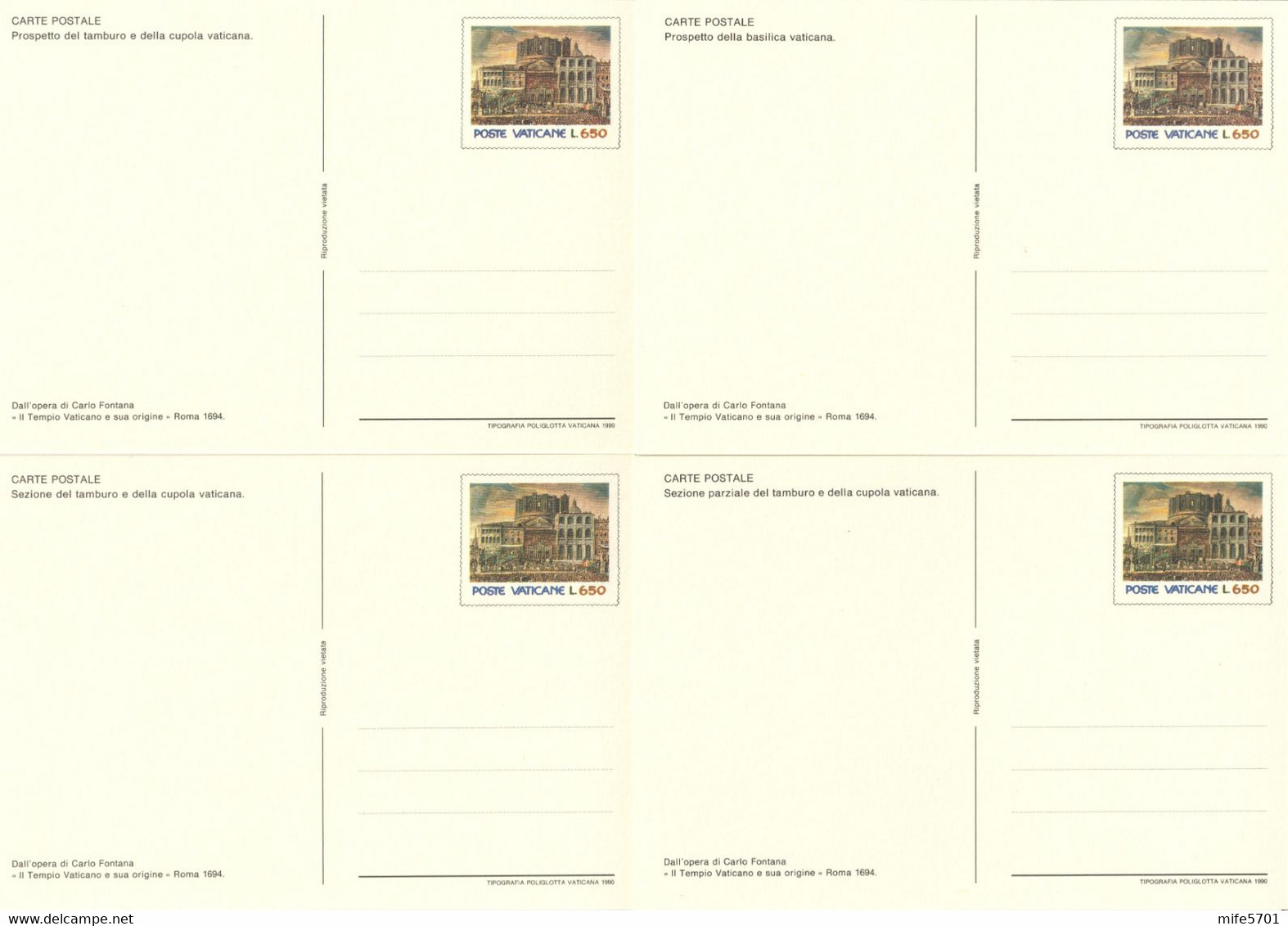 VATICANO 4 INTERI POSTALI 400° ANNIVERSARIO COSTRUZIONE DELLA CUPOLA DI SAN PIETRO L. 650 - 1990 CATALOGO FILAGRANO C35 - Postal Stationeries