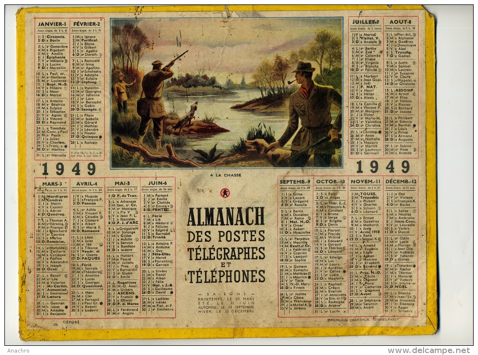 CALENDRIER ALMANACH POSTES 1949 " A La CHASSE " Aux Canards / NANCY Et CARTE METEO RADIO - Tamaño Grande : 1941-60