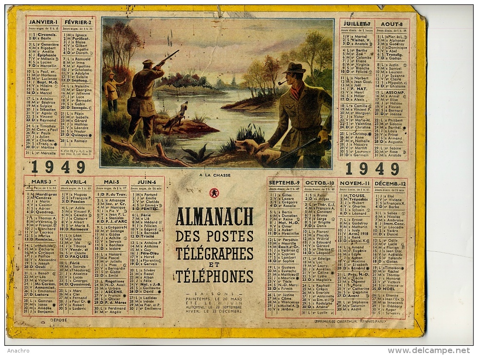 CALENDRIER ALMANACH POSTES 1949 " A La CHASSE " Aux Canards / NANCY Et CARTE METEO RADIO - Tamaño Grande : 1941-60