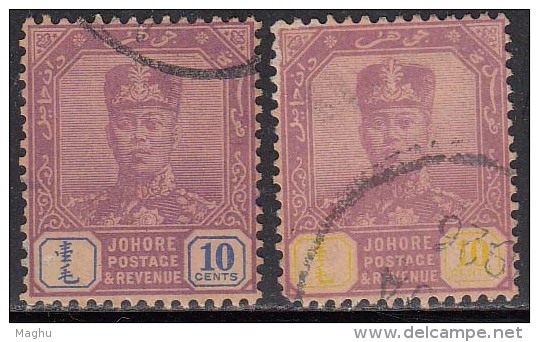 Johore  Used 1922, 10c X 2 Diff. Shades / Colour, Wmk Script CA, Malaya, Malaysia - Johore