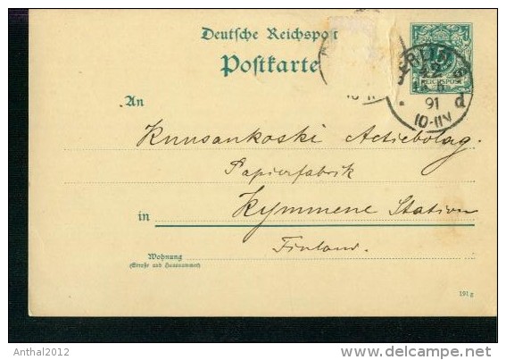 Ganzsache Von Berlin 15.6.1891 Nach Kymmene Finnland Suomi 18.6.1891 - Lettres & Documents