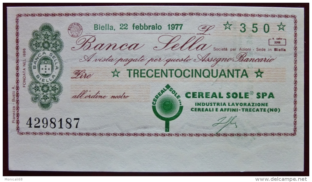 Raro Miniassegni Banca Sella 22.02.77  LIT. 350 Cereal Sole SPA Nuovo FDS - [10] Scheck Und Mini-Scheck