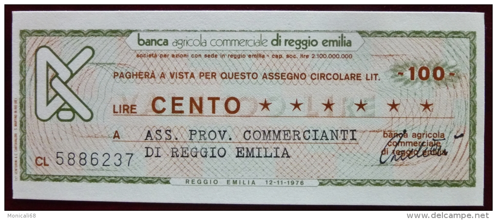 Banca Agricola Comm.le Reggio Emilia 12.11.1976 100 Li. Miniassegni Ass. Prov. Commercianti Reggio E. Nuovo FDS - [10] Chèques