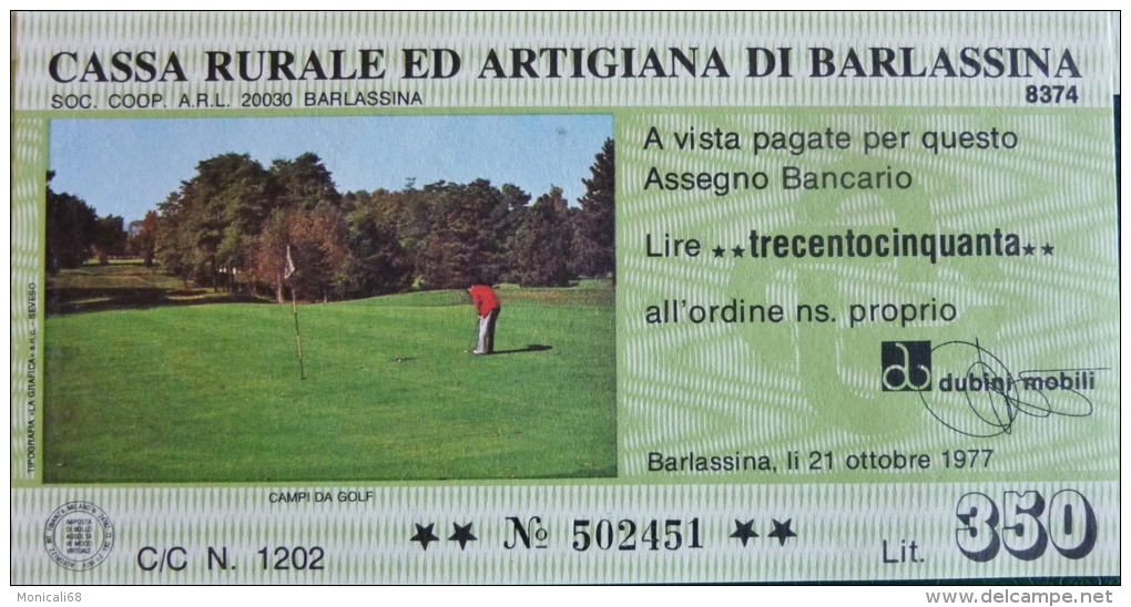 Rara Verticale Miniassegni Cassa Rurale Di  Barlassina 21.10.1977 "Dubini Mobili - Introvabili!  Nuovi FDS - [10] Checks And Mini-checks