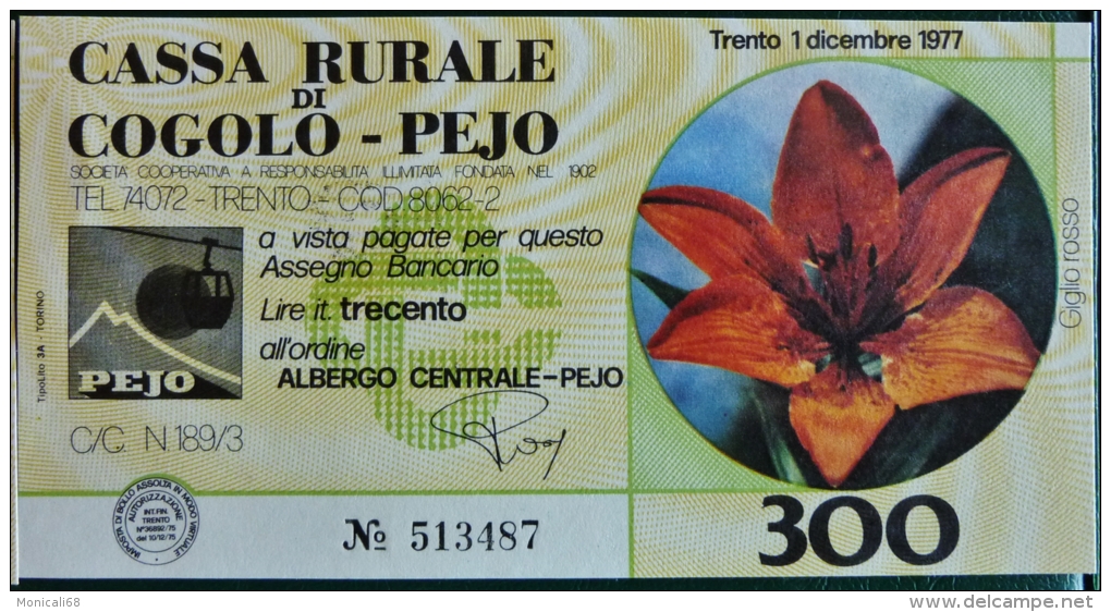 Rara Verticale Miniassegni Cassa Rurale Di  Cogolo E Pejo 01.12.1977 Albergo Centrale Pejo" - Introvabili!  Nuovi FDS - [10] Chèques