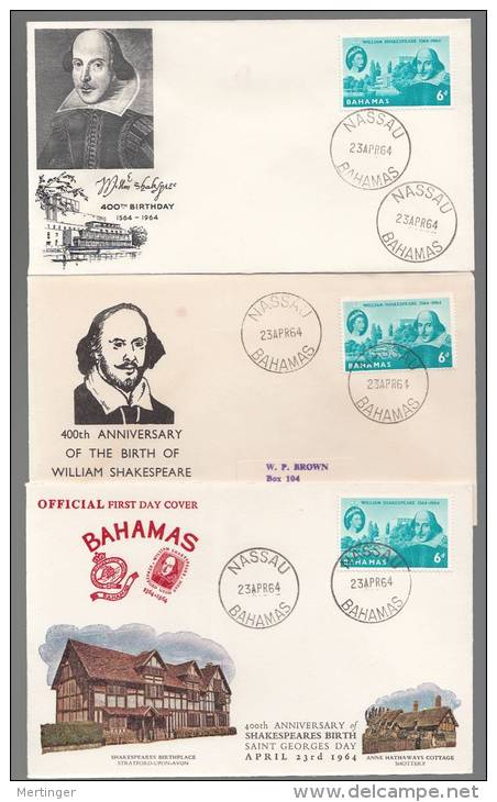 Bahamas 1965 SHAKESPEAR 3 Different FDC Covers - 1963-1973 Interne Autonomie