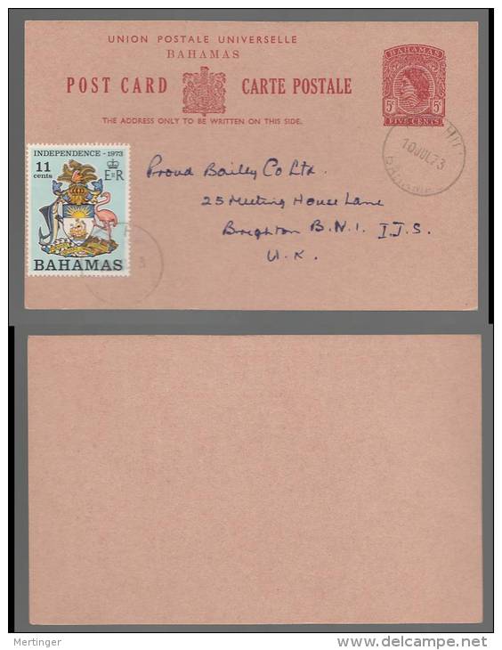 Bahamas 1973 Uprated Postal Stationery To BRIGHTON UK - 1963-1973 Autonomie Interne