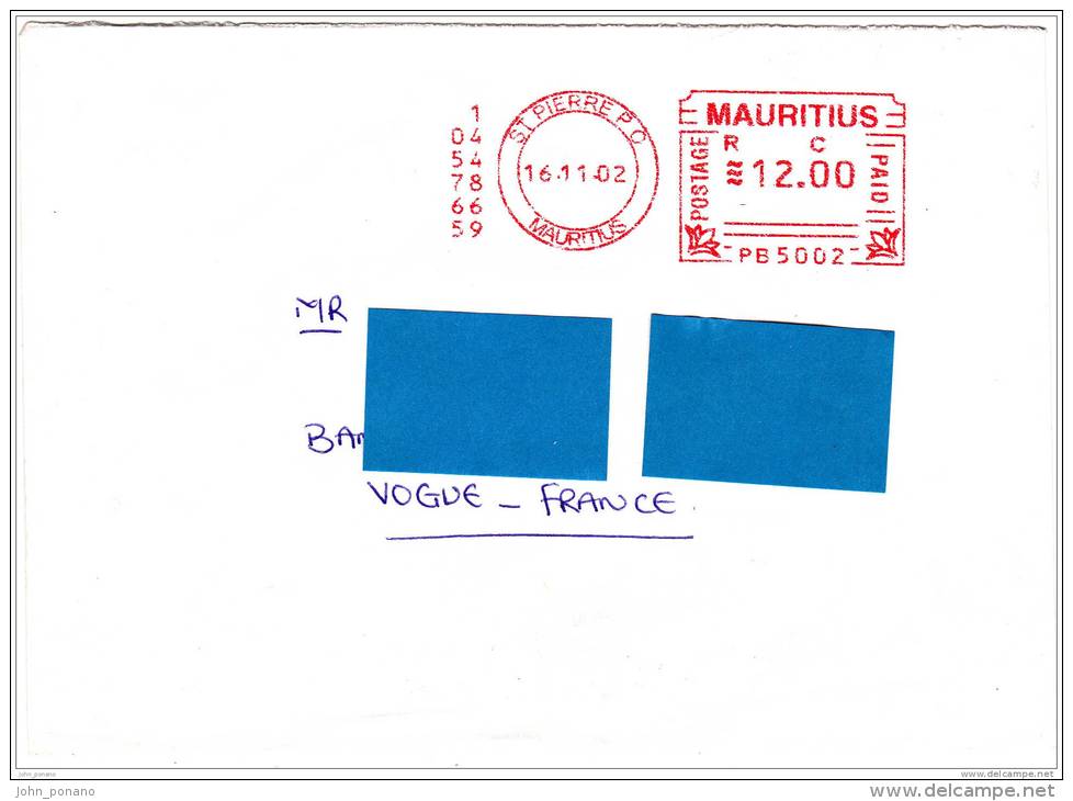 Z] Lettre Maurice Mauritius Superbe Affranchissement Mécanique Superb Meter Stamp 2002 - Maurice (1968-...)