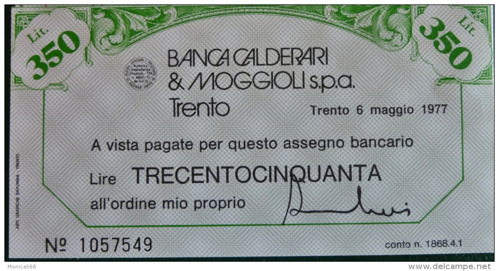 Banca Calderari&Moggioli Trento 06.05.1977 Verticale Miniassegni - Nuovi E Introvabili FDS - [10] Checks And Mini-checks