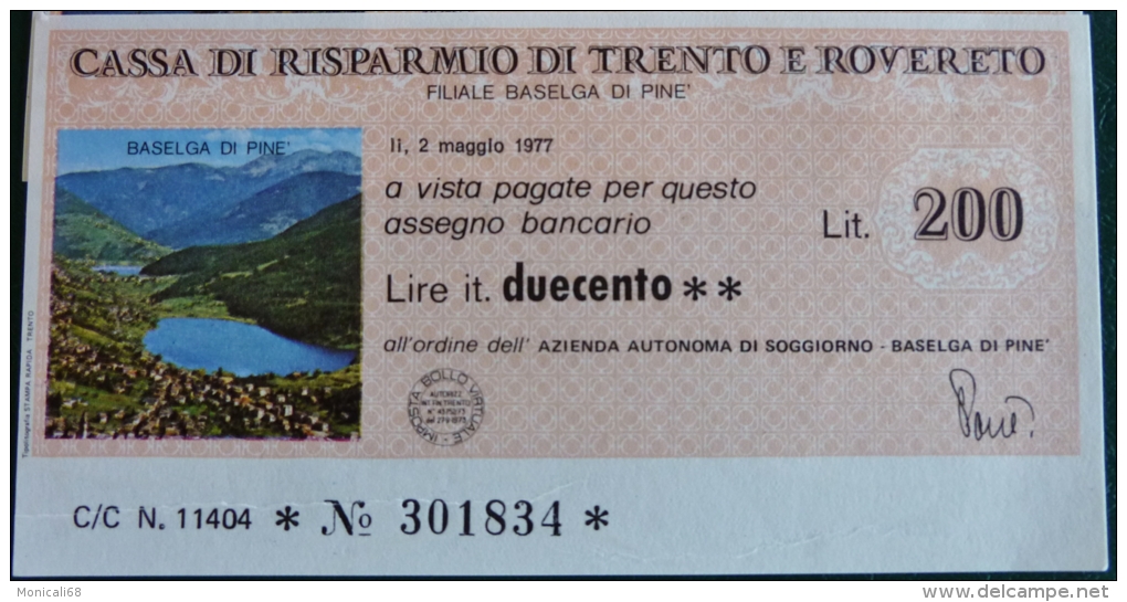 Cassa Risp. Trento E Rovereto 02.05.1977 "Azienda Autonoma E Soggiorno Baselga Di Piné" Nuovi E Introvabili FDS - [10] Scheck Und Mini-Scheck