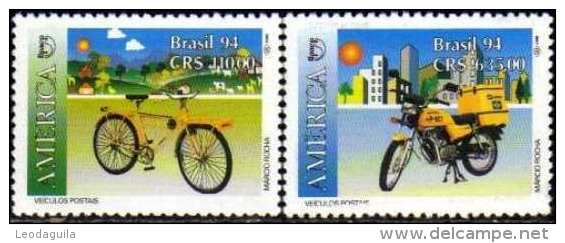 BRAZIL #2464-5   POSTAL SERVICES VEHICLES -  BICYCLE AND MOTORCYCLE - 1994 - Unused Stamps