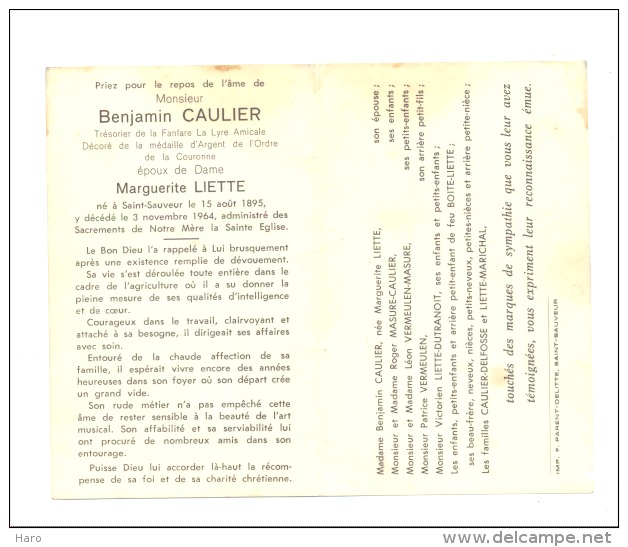 Faire-part Décès Mr Benjamin CAULIER - Trésorier De La Fanfare " La Lyre Amicale" SAINT-SAUVEUR 1895/1964(M5) - Todesanzeige