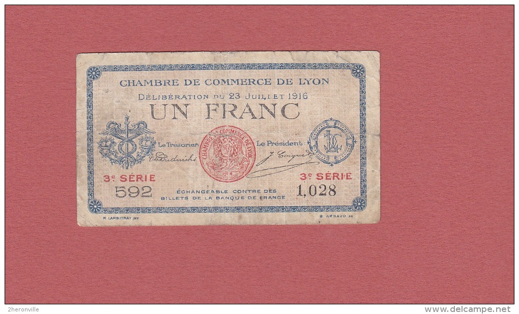 - Billet De 1 Franc - Chambre De Commerce De Lyon - 1916 - 3e Série - Voir état - WW1 - Chambre De Commerce