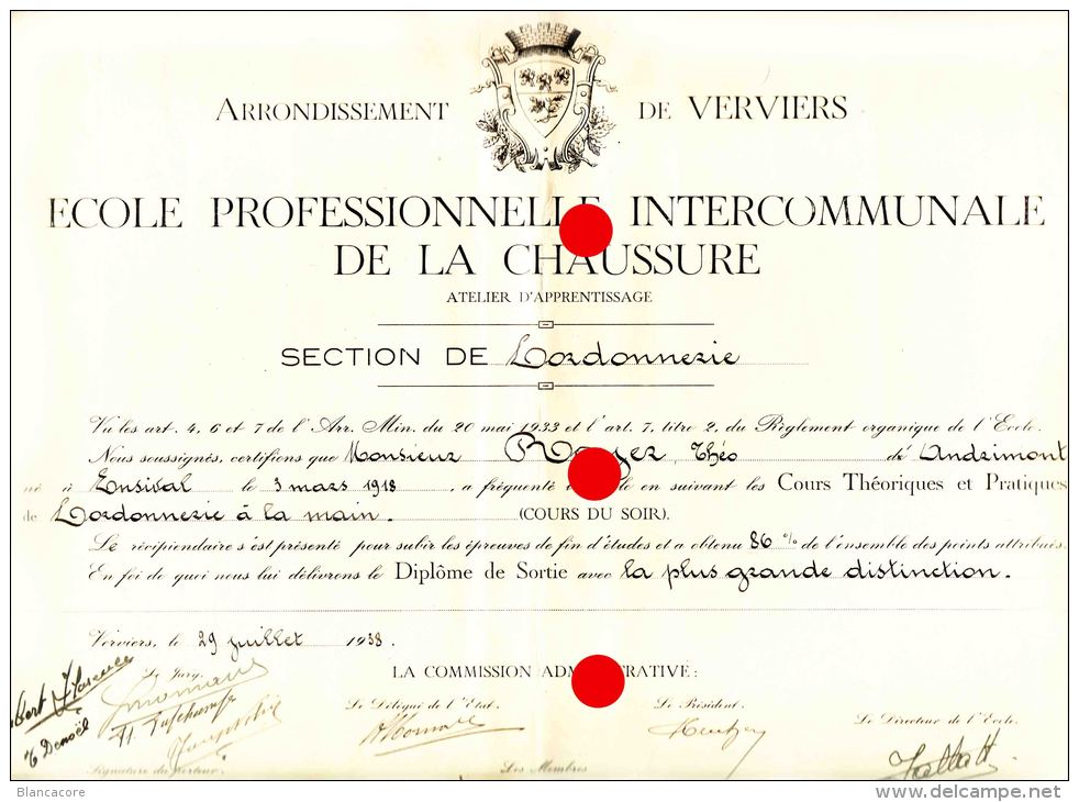 VERVIERS ECOLE DE LA CHAUSSURE 1938 Diplôme De Cordonnerie - Diploma's En Schoolrapporten