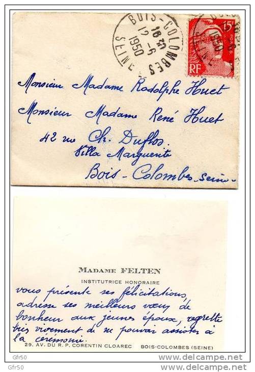 Carte De Visite Mme FELTEN Institutrice , Adressée à Rodolphe Et René HUET - Villa Marguerite - BOIS COLOMBES - 1950 - Cartes De Visite