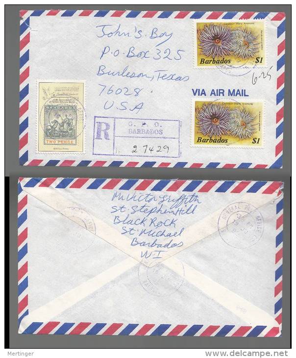 Barbados 1990 Registered Cover To USA With ANEMONE Stamps - Barbados (1966-...)