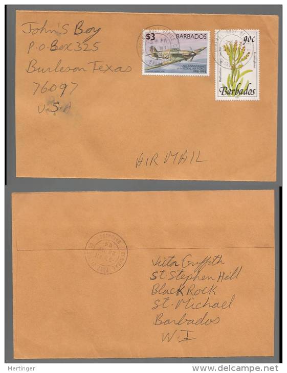 Barbados 1994 Registered Cover To USA With HAWKER HURRICAN Aircraft Stamp - Barbades (1966-...)