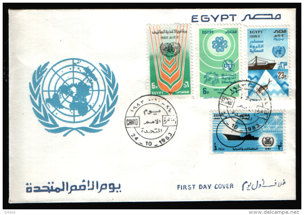 EGYPT / 1983 / UN'S DAY / UN / IMO / ITU / UPU / FAO / FISHERY RESOURCES / FISH / SHIP / FDC  . - Covers & Documents