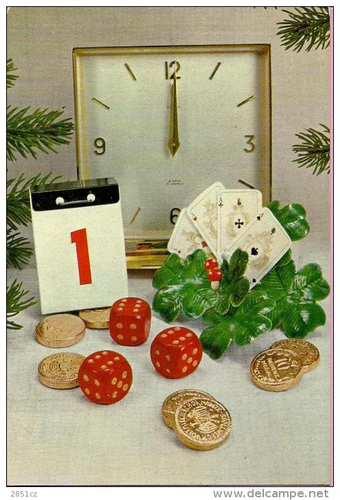 HAPPY NEW YEAR - Clock, Dice And Shamrock, 1984., Yugoslavia (T-221) - New Year