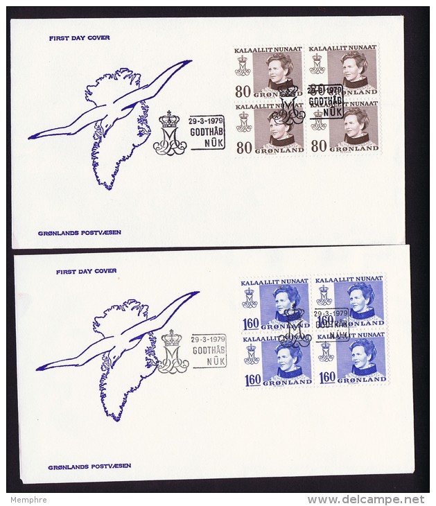 1979    0,80 And 1,60 Queen Margrethe Definitives  FDC Blocks Of 4 - FDC