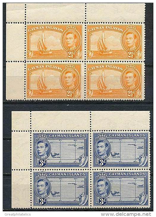 CAYMAN IS 1947 GEORGE VI X Blks Of 4 SC#114-15  MNH SHIPS YACHT MAPS (DEL01) - Cayman (Isole)