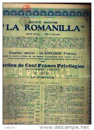 BRUXELLES « SA La Romanilla » - Action De 100 Fr Privilégiée - Capital : 12.500.000 Fr - Aardolie