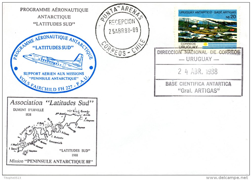 URUGUAY. Enveloppe Commémorative De 1988. Programme Aéronautique Antarctique. Association " Latitudes Sud" - Vuelos Polares