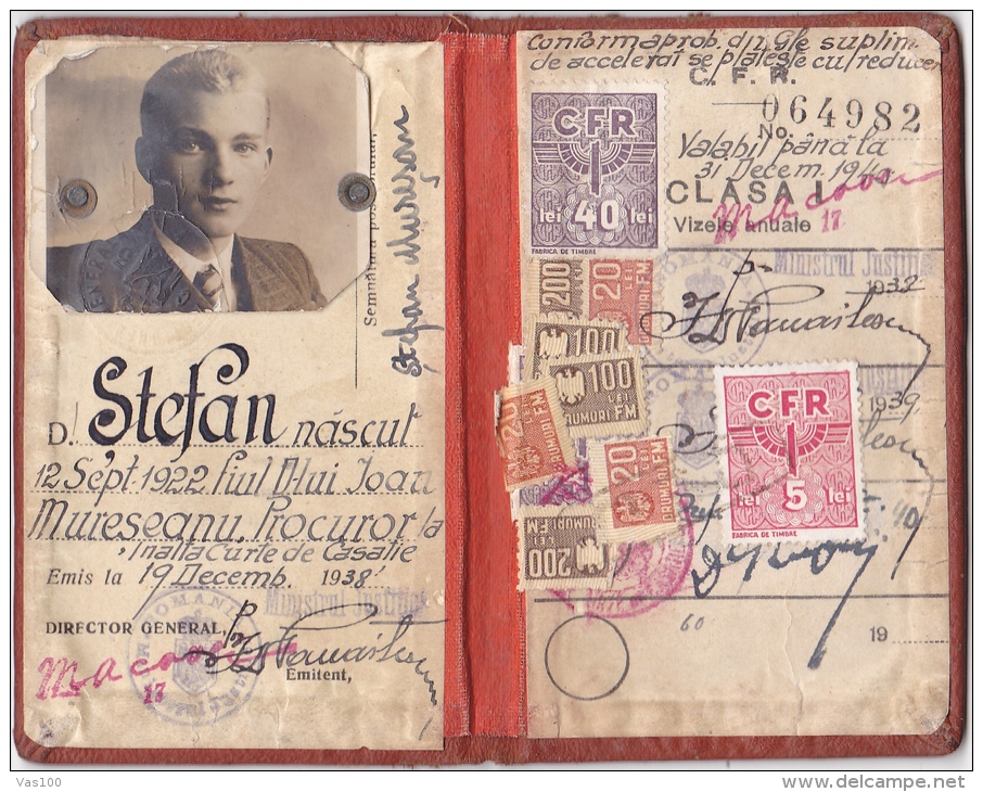 RAILROAD PASS CARD , 10 REVENUE STAMPS ,1938,ROMANIA - Europe