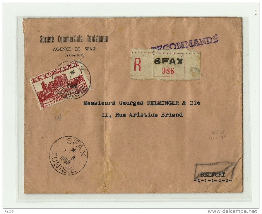 TUNISIE - SFAXLRI  1er Ech. &ndash; Tarif &laquo; FRANCE Métro &raquo; à 50F. (6.1.1949/1.3.1956)- LI 1°/20g. : 15f.  D. - Covers & Documents