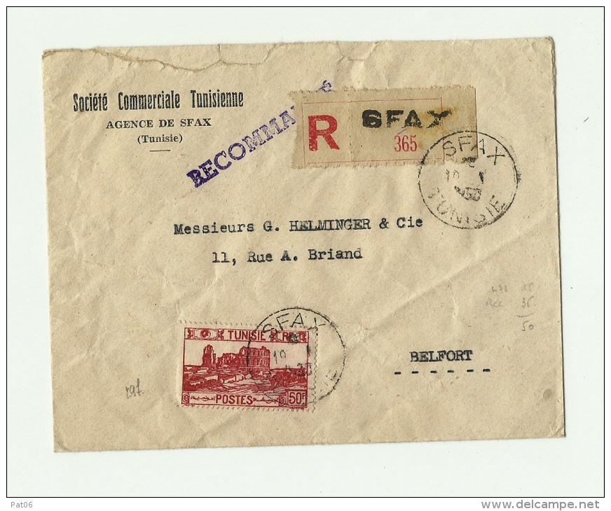 TUNISIE - SFAXLRI  1er Ech. &ndash; Tarif &laquo; FRANCE Métro &raquo; à 50F. (6.1.1949/1.3.1956)- LI 1°/20g. : 15f.  D. - Storia Postale