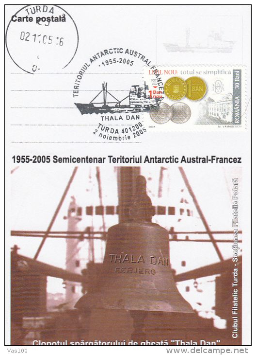 ANTARCTIC EXPLORERS, THALA DAN ICEBREAKER BELL, CM, MAXICARD, CARTES MAXIMUM, 2005, ROMANIA - Explorers