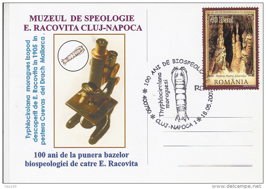 EMIL RACOVITA, EXPLORER, CAVES,MICROSCOPE,CM, MAXICARD, CARTES MAXIMUM, 2007, ROMANIA - Esploratori