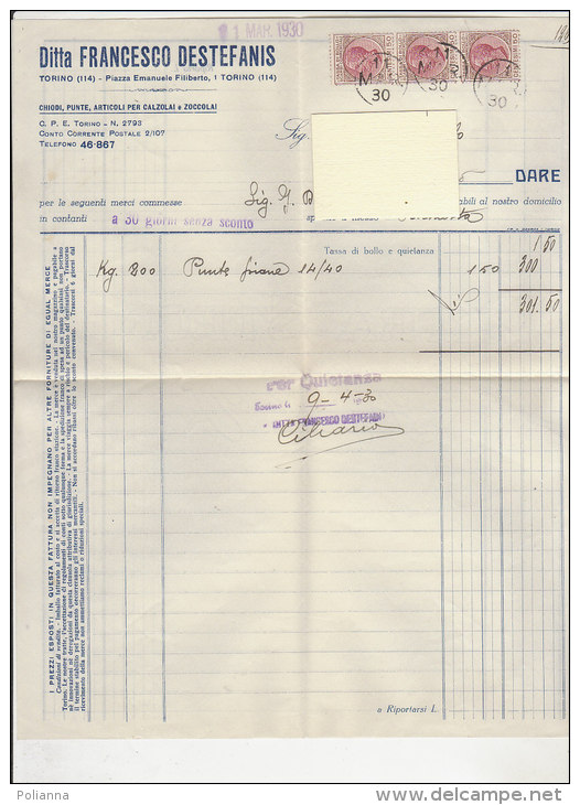 PO0542C# Fattura DITTA ARTICOLI PER CALZOLAI DESTEFANIS - TORINO 1930  Con Tasse Di Bollo Regno - Italia