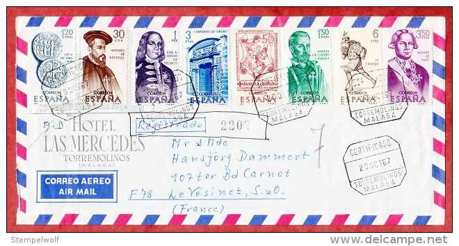 Luftpost, Einschreiben Reco, Bunte Frankatur, Torremolinos Nach Le Vesinet, AK-Stempel 1967 (40472) - Briefe U. Dokumente