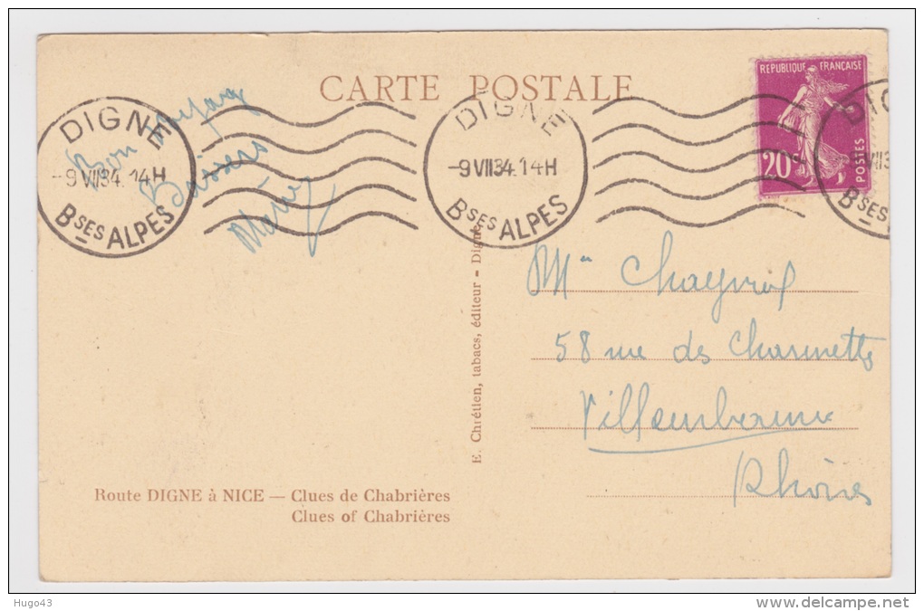 (RECTO / VERSO) ROUTE DE DIGNE A NICE EN 1934 - CLUES DE CHABRIERES - Digne