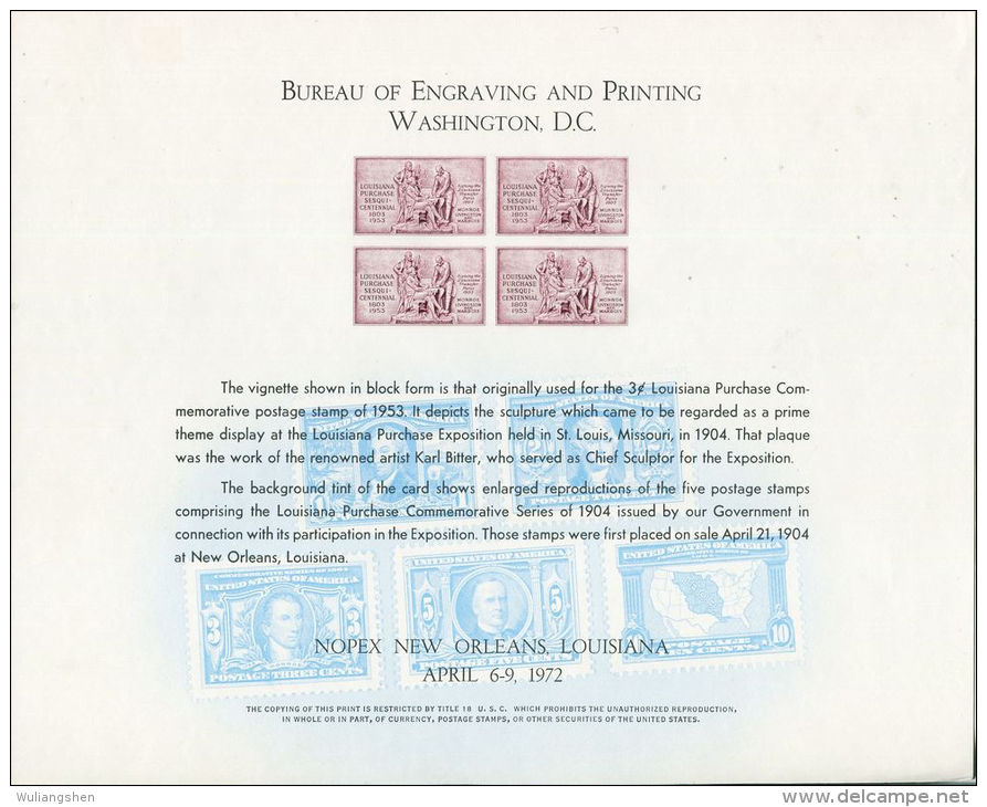 CB0163 United States 1972 Louisiana Exhibition Engraver Proof MNH - Souvenirkarten