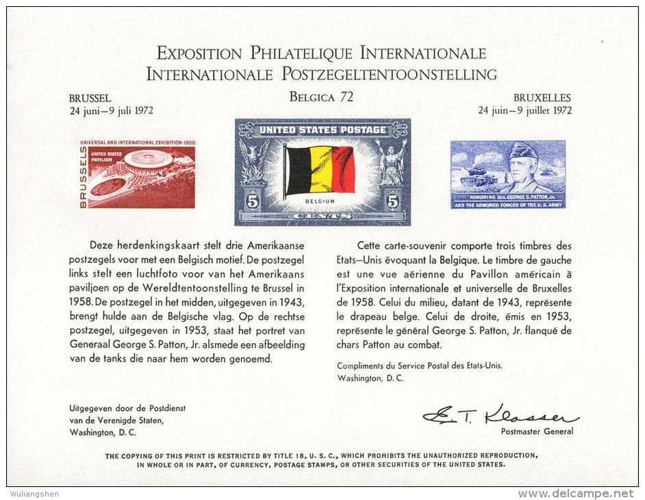 CB0180 United States 1972 Belgium Flag Exhibition Patton Engraver Proof MNH - Cartes Souvenir