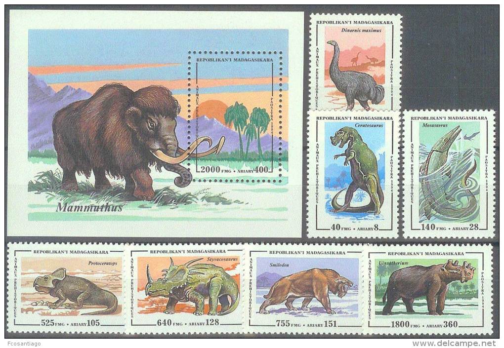 ANIMALES PREHISTORICOS - MADAGASCAR 1992 - Yvert #1338/44+H2 - MNH ** - Préhistoriques