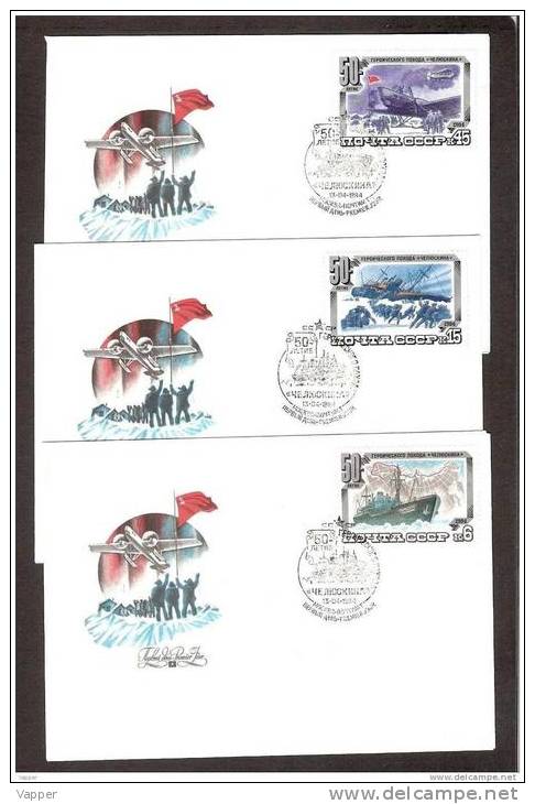 Polar Philately 1984 USSR 3 Stamps 3  FDC Mi 5376-78 50th Anniv. Of Chelyuskin Voyage.Ship "Chelyuskin" And His Route - Barcos Polares Y Rompehielos