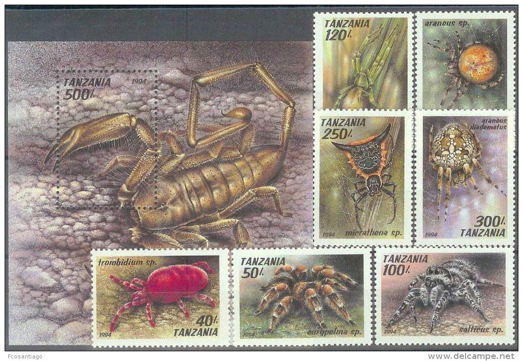 ARACNIDOS - TANZANIA 1994 - Yvert #1585/91+H239 - MNH ** - Spiders