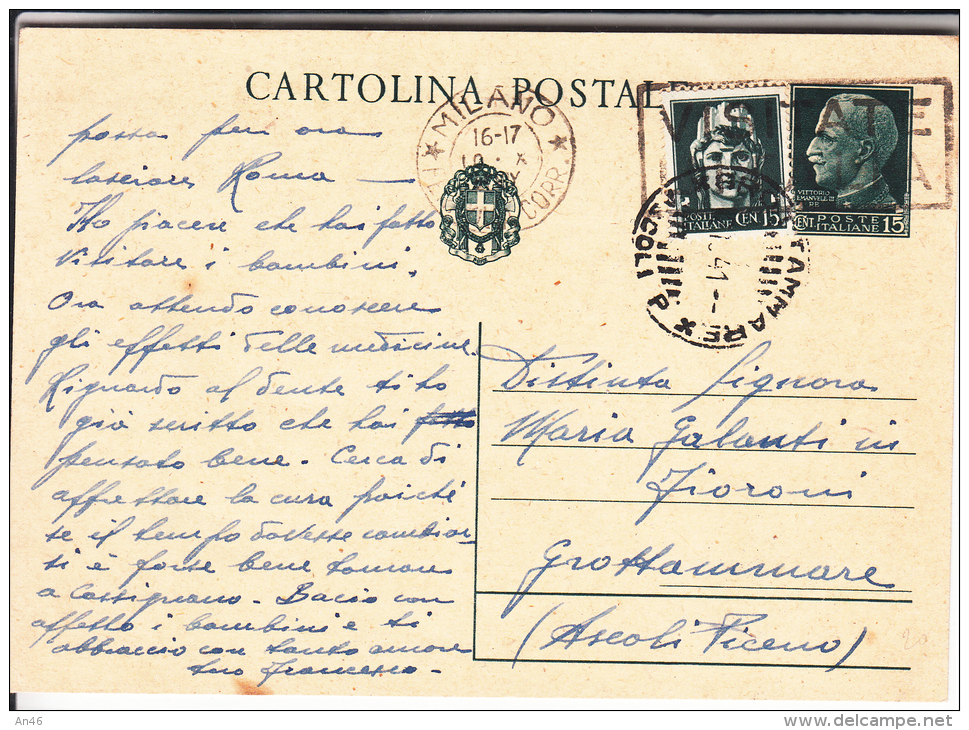 CARTOLINA POSTALE STORIA POSTALE VALURE NUMISMATICO FRANCOBOLLO VG1941 X GROTTAMMARE - Poste & Postini