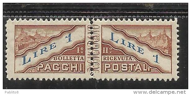 SAN MARINO 1946 PACCHI POSTALI CARTA BIANCA FILIGRANA CORONA DIRITTA LIRE 1 MNH - Parcel Post Stamps