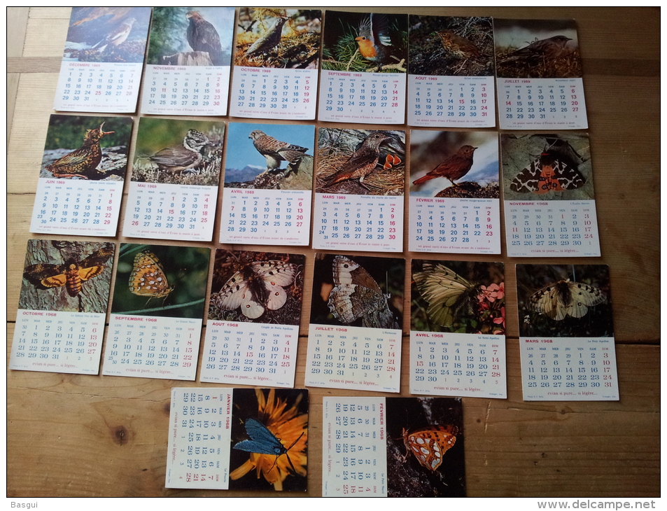 Lot De 20 Calendriers Mensuels Pub EVIAN, Theme Oiseaux Sur 2 Années - Petit Format : 1961-70