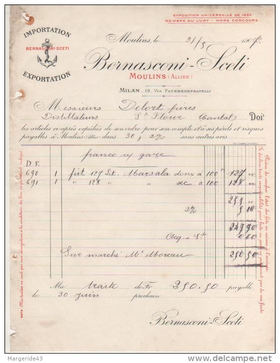 FACTURE VINS BERNASCONI-SCETI à MOULINS (ALLIER) 1907 - 1900 – 1949